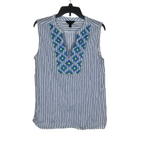 J Crew Women's Tank Top Embroidered Sleeveless Sunburst Stripes White Blue Sz.00